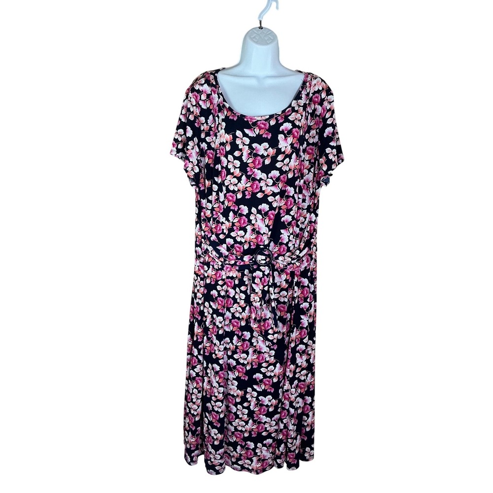 Perceptions Floral Midi Dress Womens 2X Navy Pink Excellent O-Ring Cinched Waist